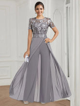 Floor-Length Round Neck Stretch Chiffon Mother of the Bride Pantsuit with Short Sleeves and Appliques Lace