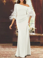 One-Shoulder Long-Sleeve Chiffon Trumpet/Mermaid Mother of the Bride Dress with Feathers