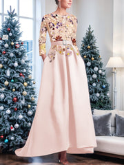 Asymmetrical A-Line Princess Scoop Mother of the Bride Dress with 3/4 Sleeves and Lace Appliques