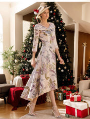 V-Neck A-Line Princess Dress with 3/4 Sleeves and Asymmetrical Floral Print for Mothers of the Bride & Groom