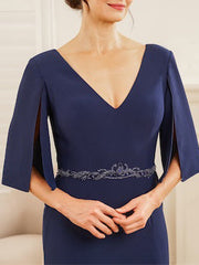 V-Neck Half-Sleeve Sheath/Column Dress for Mothers of the Bride & Groom with Appliques and Side Split