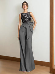 Satin 2-Piece Mother of the Bride Pantsuit: Sleeveless Floor-Length with Lace Appliques & Bow