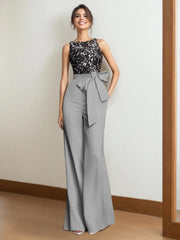 Satin 2-Piece Mother of the Bride Pantsuit: Sleeveless Floor-Length with Lace Appliques & Bow