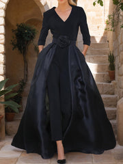 Mother of the Bride V-Neck Pantsuit with 3/4 Sleeves and Flower Belt