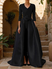 Mother of the Bride V-Neck Pantsuit with 3/4 Sleeves and Flower Belt