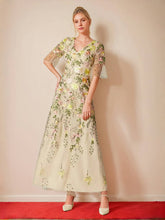 V-Neck Floral A-Line Mother of the Bride Dress with Short Sleeves and Embroidery