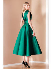Elegant Pleated A-Line V-Neck Sleeveless Dress for Mothers of the Bride & Groom Featuring Bow Belt and Pocket