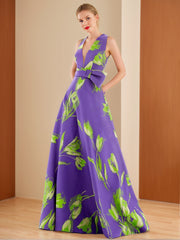 V-Neck Sleeveless Floral Printed A-Line/Princess Dress with Bow Belt for Mother of the Bride & Groom
