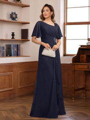 V-Neck A-Line Chiffon Dress with Short Sleeves Ruffles & Appliques for the Mother of the Bride or Groom