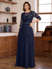 Elegant Floor-Length A-Line/Princess Mother of the Bride & Groom Dresses with 3/4 Sleeves Lace Appliques and Ruffles