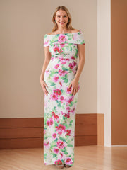 Off-the-Shoulder Floor-Length Floral Printed Sheath/Column Mother of the Bride Dresses with Ruches