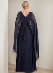Princess A-Line Floor-Length Mother of the Bride Dress with Cape Sleeves Bow and Ruffles