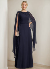 Princess A-Line Floor-Length Mother of the Bride Dress with Cape Sleeves Bow and Ruffles