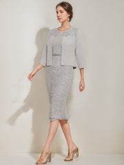 Tea-Length Mother of the Bride Sheath/Column Dress with Jacket & Crystals