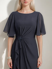 Princess A-line Jewel Neck Floor-Length Mother of the Bride Dress with Ruffles Crystals and Beads