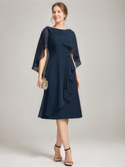 Tea-Length Mother of the Bride Sheath Dress with Detachable Beaded Cape and Ruffles