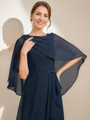 Tea-Length Mother of the Bride Sheath Dress with Detachable Beaded Cape and Ruffles