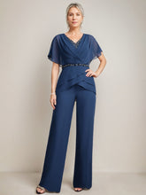 2 Mother of the Bride Pantsuits with V-Neck Ruched Detail Flutter Sleeves and Floor-Length Beading