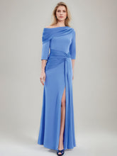 Asymmetrical Sheath/Column Gown with Draped Neckline 3/4 Sleeves and Floor-Length Pleated Chiffon Design Featuring a Slit