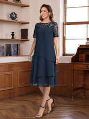 Short Sleeve Knee-Length A-Line Princess Jewel Neck Mother of the Bride & Groom Dress with Ruffles Lace Appliques and Sequins