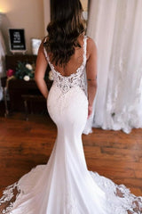 Sexy Mermaid Floor-Length Stain V-Neck Sleeveless Lace Wedding Dresses with Appliques