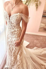 Elegant Mermaid Tulle Sweetheart Off-The-Shoulder Floor-Length Wedding Dresses with Appliques