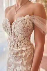 Elegant Mermaid Tulle Sweetheart Off-The-Shoulder Floor-Length Wedding Dresses with Appliques