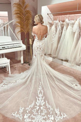 Elegant Mermaid Tulle Sweetheart Off-The-Shoulder Floor-Length Wedding Dresses with Appliques