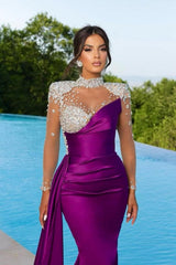 Beautiful Long Mermaid Floor-Length High Neck Ruffles Beading Stain Prom Dress with Long Sleeves