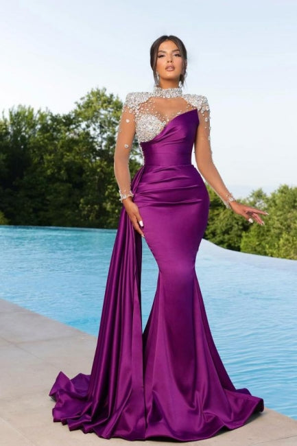 Beautiful Long Mermaid Floor-Length High Neck Ruffles Beading Stain Prom Dress with Long Sleeves
