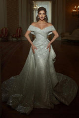 Beautiful Mermaid Floor-Length Off-The-Shoulder V-Neck Sleeveless Sequined Wedding Dresses with Ruffles