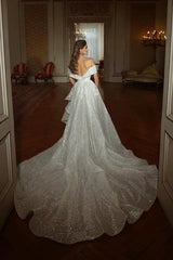 Beautiful Mermaid Floor-Length Off-The-Shoulder V-Neck Sleeveless Sequined Wedding Dresses with Ruffles