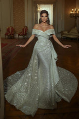Beautiful Mermaid Floor-Length Off-The-Shoulder V-Neck Sleeveless Sequined Wedding Dresses with Ruffles
