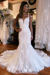 Sweetheart Long Mermaid Floor-Length Spaghetti Straps Tulle Wedding Dresses with Appliques