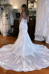 Sweetheart Long Mermaid Floor-Length Spaghetti Straps Tulle Wedding Dresses with Appliques