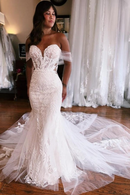 Sweetheart Long Mermaid Floor-Length Strapless Off-The-Shoulder Wedding Dresses with Appliques
