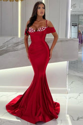 Amazing Long Mermaid Red Off-The-Shoulder Spaghetti Straps Floor-Length Stain Prom Dresses with Ruffles