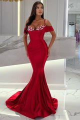 Amazing Long Mermaid Red Off-The-Shoulder Spaghetti Straps Floor-Length Stain Prom Dresses with Ruffles