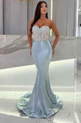 Beautiful Long Mermaid Sky Blue Stain Sleeveless Sweetheart Floor-Length Prom Dress with Beads