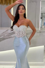 Beautiful Long Mermaid Sky Blue Stain Sleeveless Sweetheart Floor-Length Prom Dress with Beads