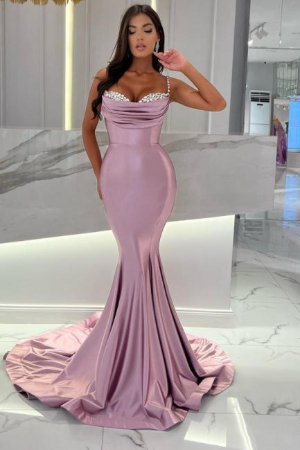 Sweetheart Mermaid Wisteria Ruffles Spaghetti Straps Floor-Length Stain Sleeveless Prom Dresses with Beads