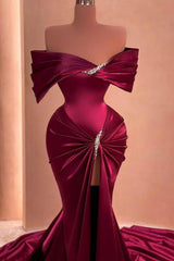 Amazing Long Mulberry Mermaid Off-The-Shoulder Ruffles Split Front Prom Dresses with Beads