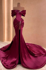 Amazing Long Mulberry Mermaid Off-The-Shoulder Ruffles Split Front Prom Dresses with Beads