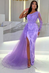 Designer Long One Shoulder Column Lace Split Front Tulle Floor-Length Prom Dresses with Long Sleeves