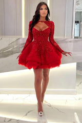 Gorgeous Long Red Mini A-Line Appliques Ruffles Halter Prom Dresses with Long Sleeves