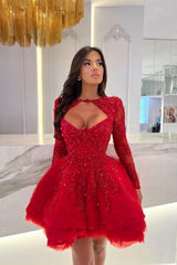 Gorgeous Long Red Mini A-Line Appliques Ruffles Halter Prom Dresses with Long Sleeves