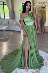 Sage One-Shoulder Court Train High Split Prom Dress With Ruffles