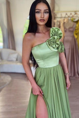 Sage One-Shoulder Court Train High Split Prom Dress With Ruffles
