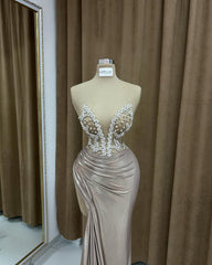 Sexy Column Strapless Sleeveless Ruffled Satin High Slit Prom Dress