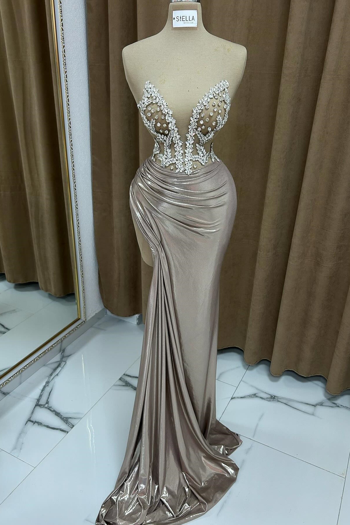 Sexy Column Strapless Sleeveless Ruffled Satin High Slit Prom Dress